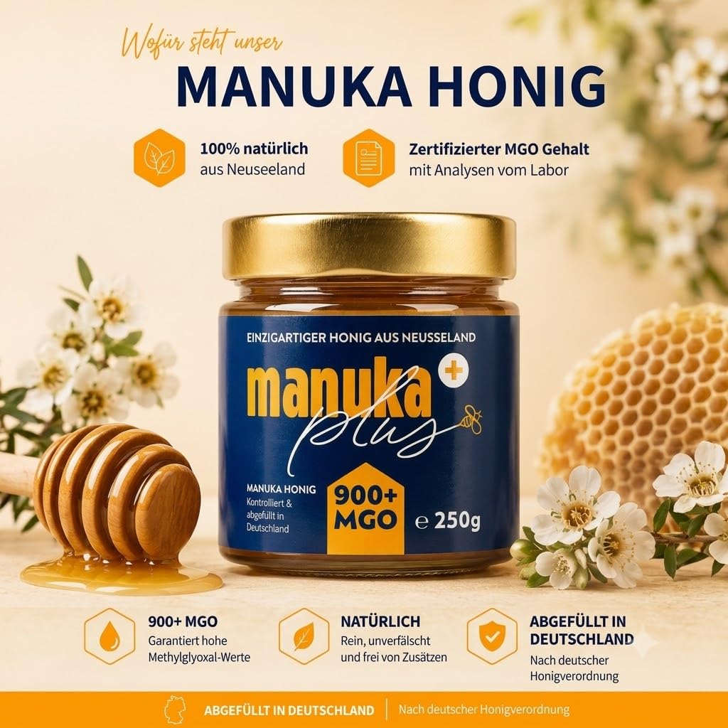 Manuka Honig 900 MGO + Roher Manuka Honig im Glas abgefüllt nach Deutscher Honigverordnung - manuka.plus Neuseeland Honig Manuka | 100% Reiner Manuka Honey | Manukahonig