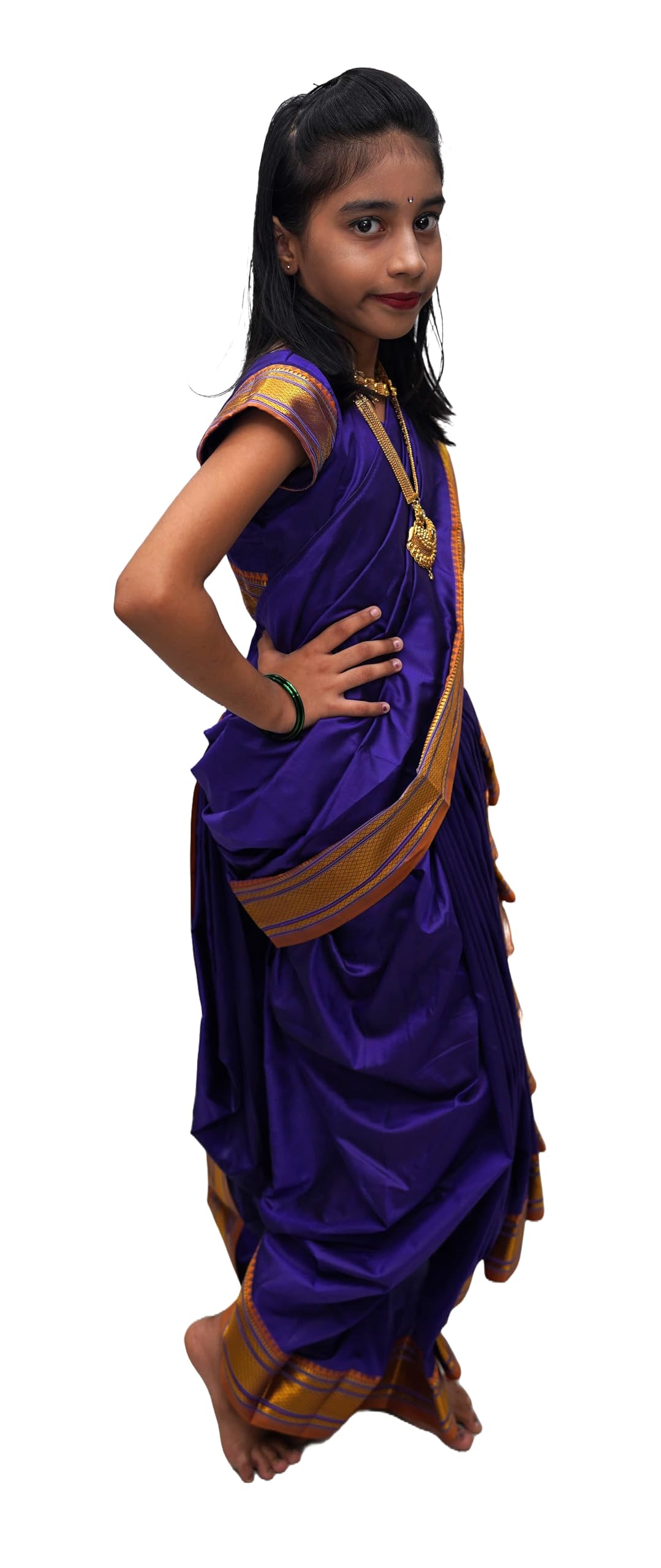 LUSTER Girl's Belgaon Silk Nauwari Saree (8-9 Years, Navy Blue) 4