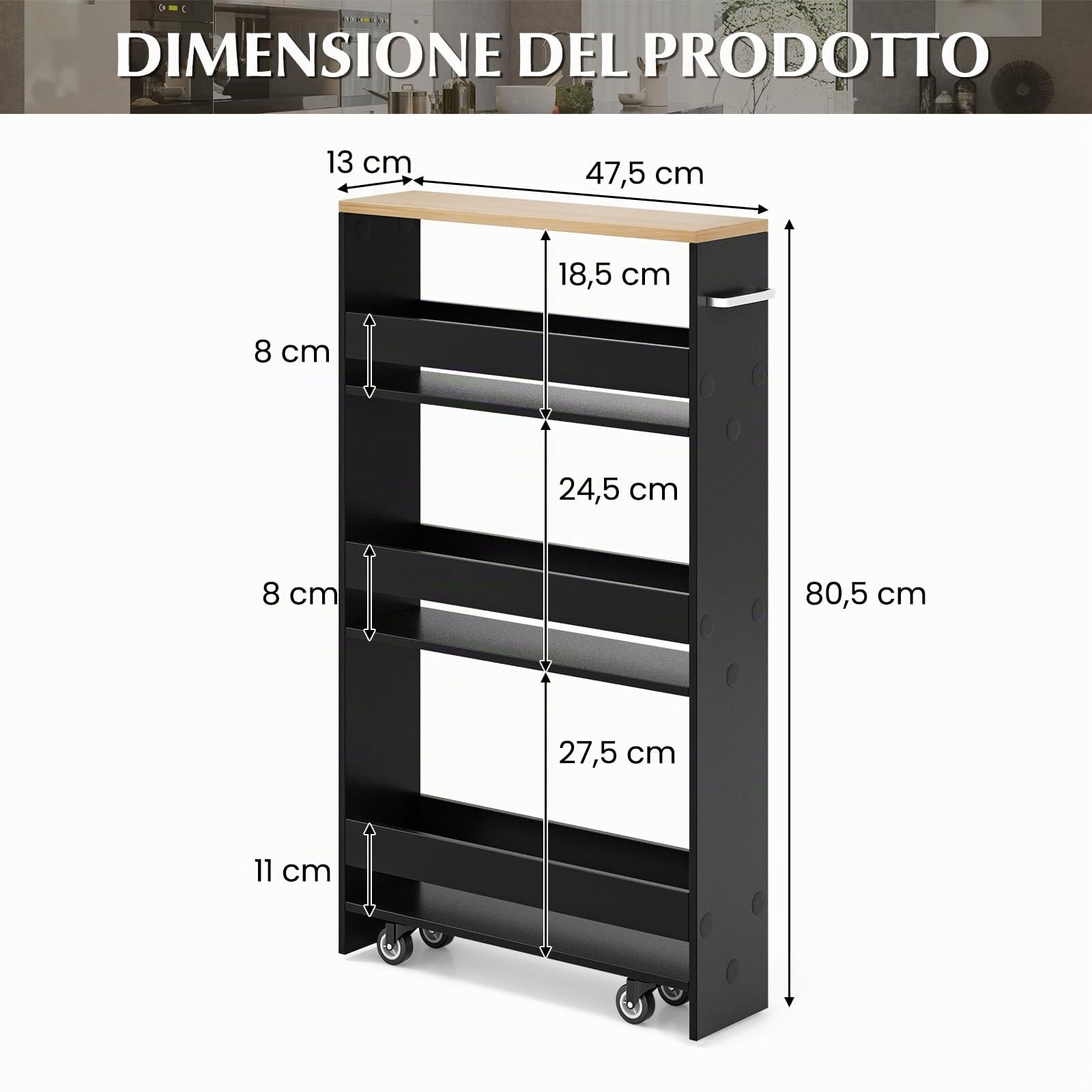 RELAX4LIFE Carrello di Stoccaggio Sottile a 4 Livelli con Maniglia e Ruote Girevoli a 360°, Unita Mobile di Ripiani Scorrevoli per Cucina, Bagno, Lavanderia, Spazi Stretti (NERO, 48x13x81 cm)