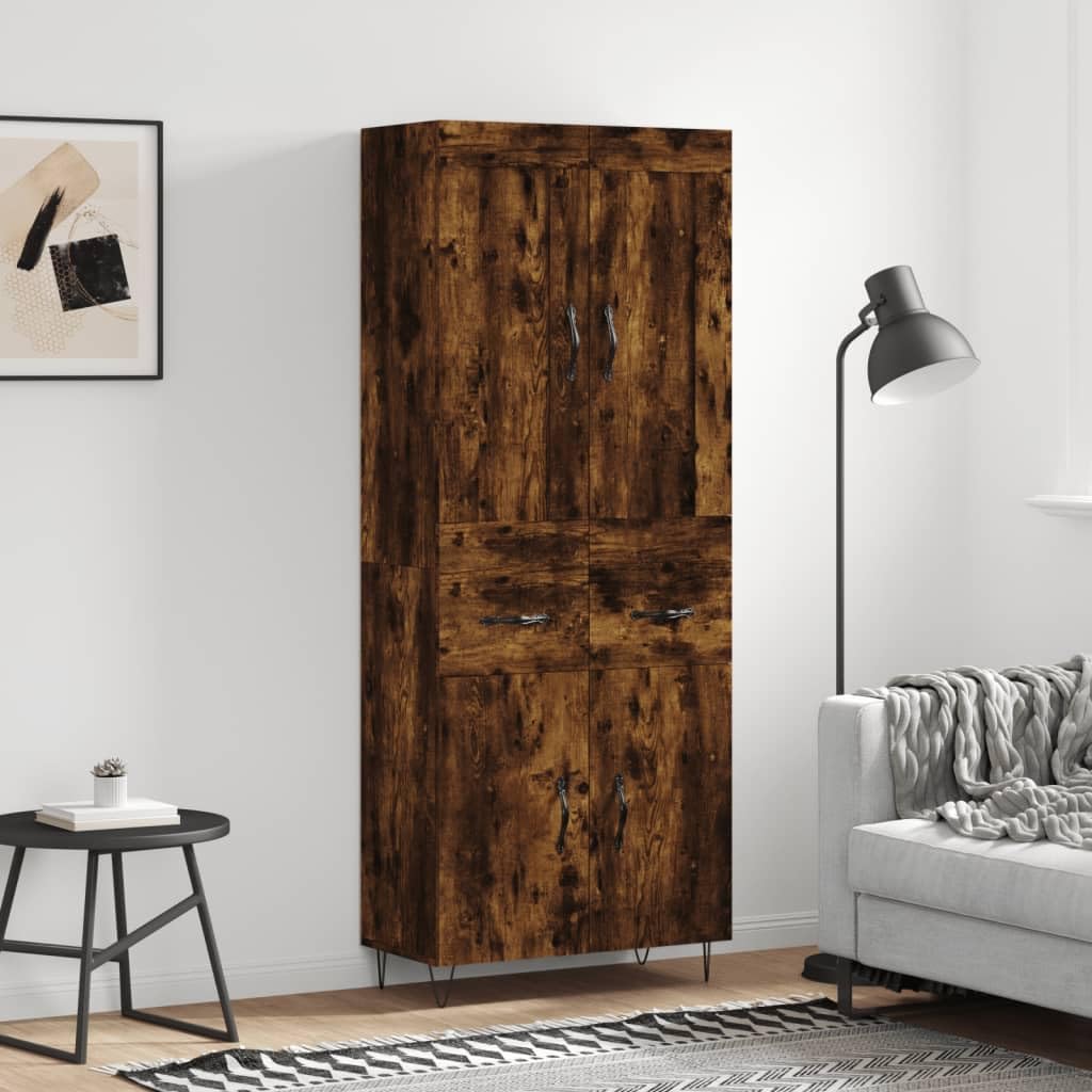 Credenza Rovere Fumo 69,5x34x180 cm in Legno Multistrato Mobile Contenitore con Ante e Cassetti per Soggiorno e Sala Pranzo