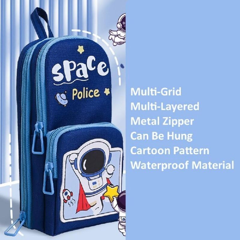 Image of Premium Canvas Pencil Case Hang able 6 Layer with 3 Compartment Cute Aesthetic Pencil Case Large Capacity Pencil Pouch for Kids (Space Police Blue)