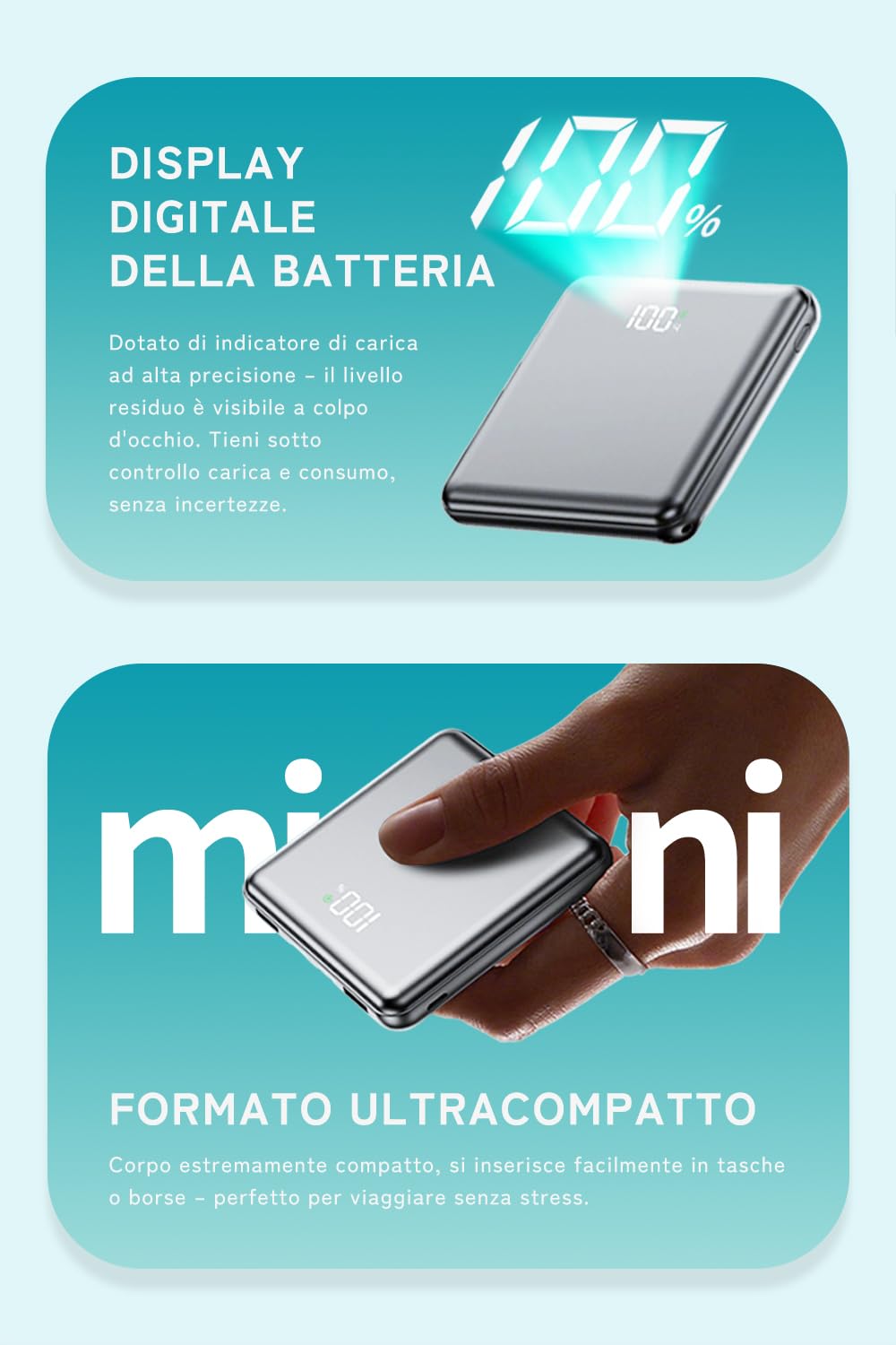 Power Bank 20000mAh con Cavi Multi-Integrati, Ricarica Rapida PD 22.5W, Fino a 6 Dispositivi Contemporaneamente, Compatta e Leggera（Grigio）