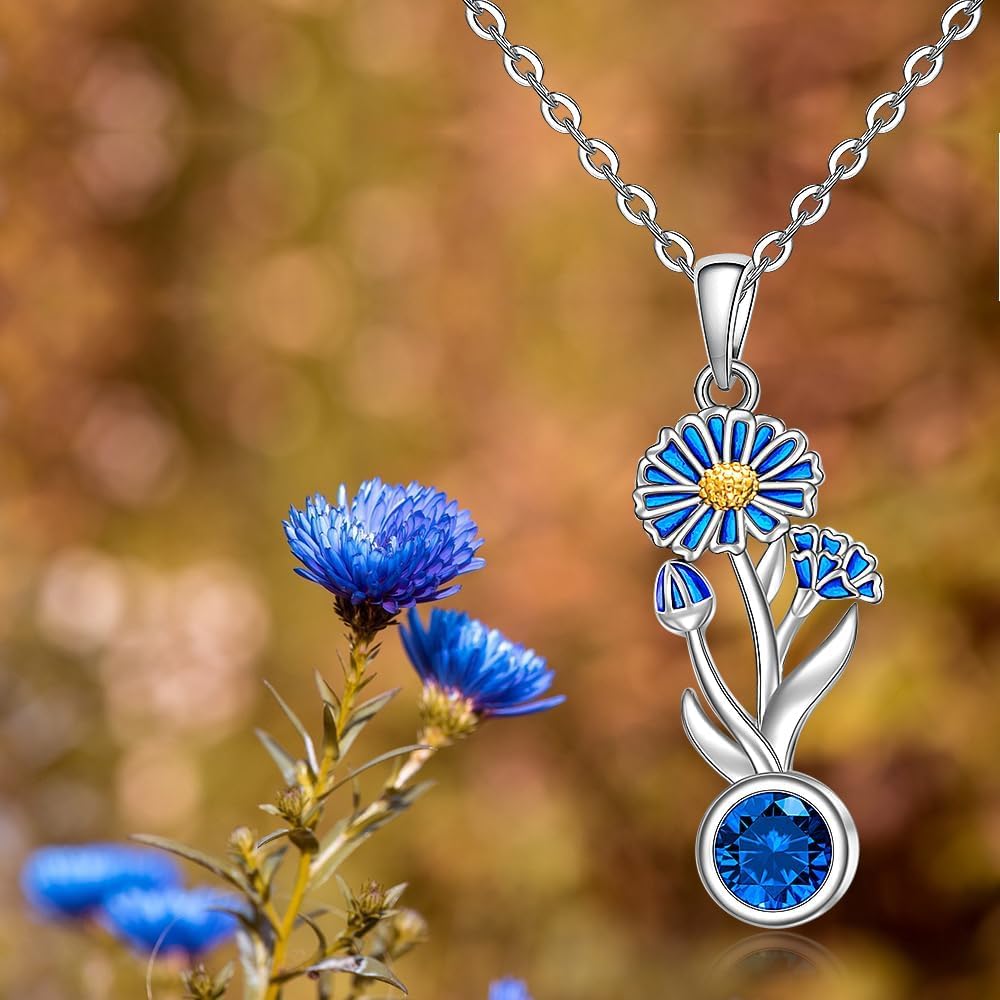 Fenthring Birth Flower Necklace September Birthstone Aster Flower Necklace for Women Sterling Silver Aster Pendant Jewelry Charm Mothers Day Birthday Christmas Gifts - Image 5