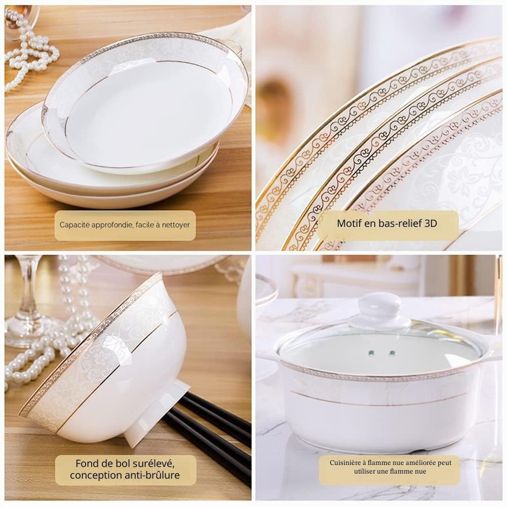 Service de table en céramique, 56 pièces, vaisselle, assiettes, service de table combiné en céramique, service en porcelaine pour 10 personnes (56 pots pratiques)