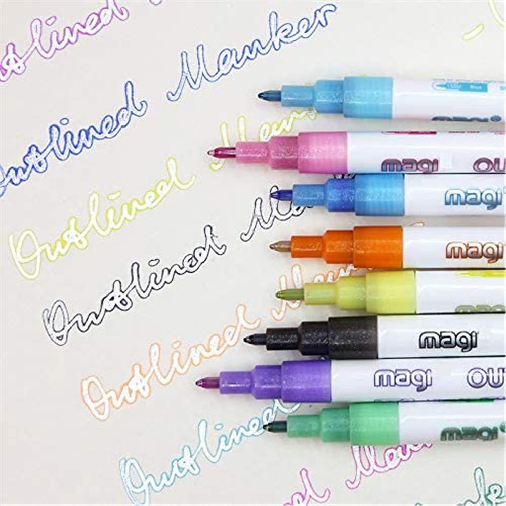 Super Squiggles Shimmer Markers, 8 Colors Doodle Dazzles Shimmer Marker Set, Double Line Outline Pens, Outline Metallic Markers Highlighter Writing Drawing Magic Pens 1Pack-8Colors