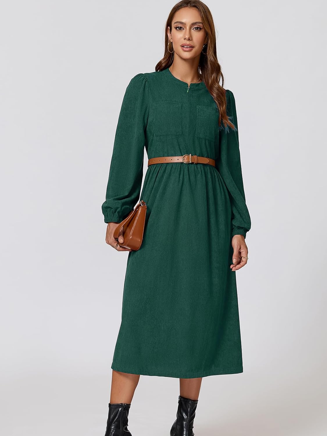 Corduroy Dress Women Long Puff Sleeve Zip Up Vintage Fall Winter Midi Dress with Belt - Image 4
