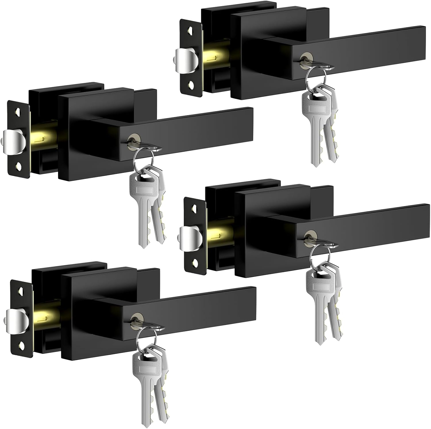 Black Door Handle, Door Handle Set for Home, Black Interior Door Handles for Bedroom, Front Door Lock Sets with Reversible Handle (4, Matte Black, Entry (Same Keys))