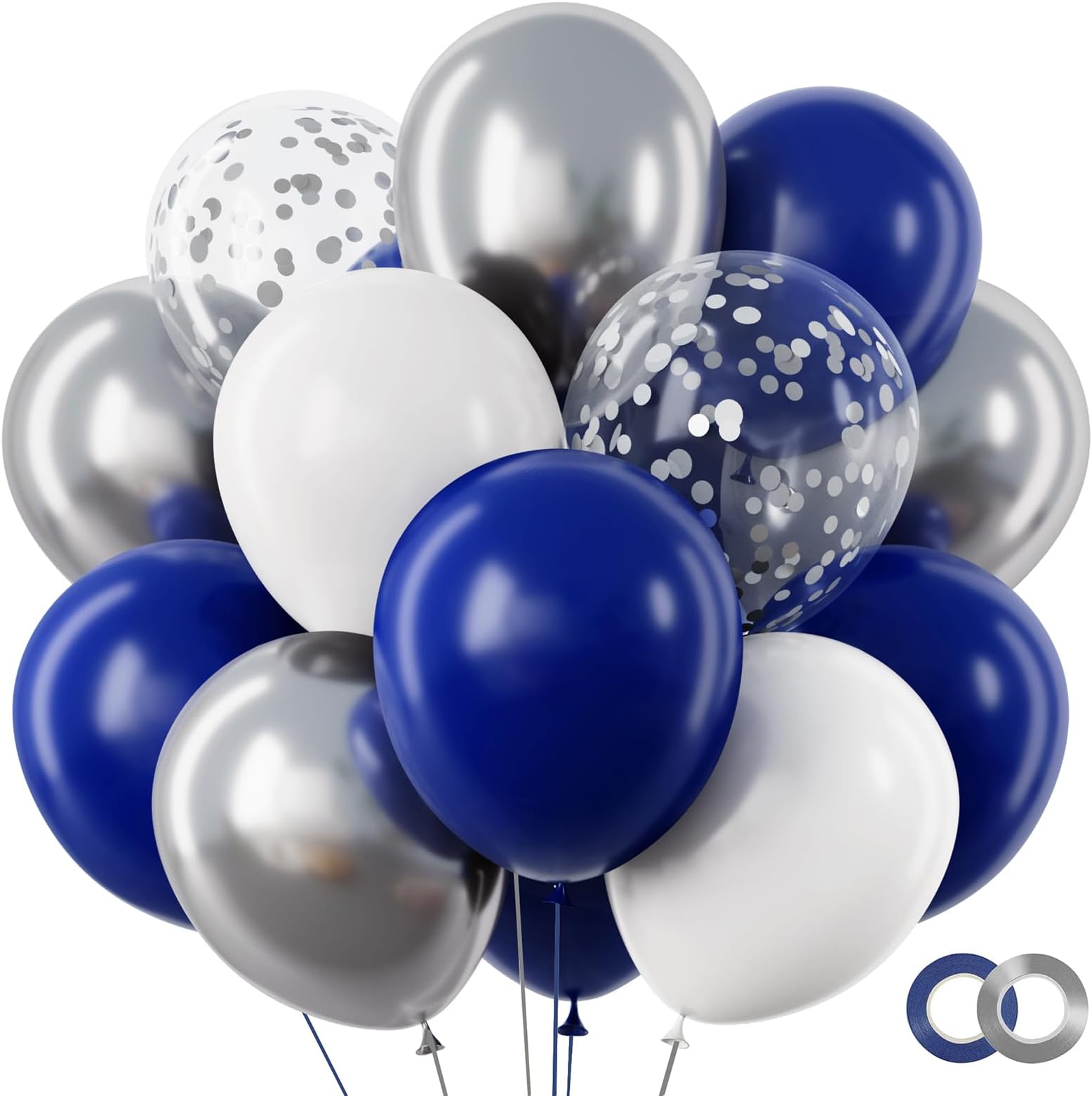 RUBFAC 65pcs Navy Blue Silver Balloons, 12 Inches Navy Blue White Metallic Silver Chrome Party Balloons with Ribbons for Birthday, Wedding, Graduation Cowboys Decorations