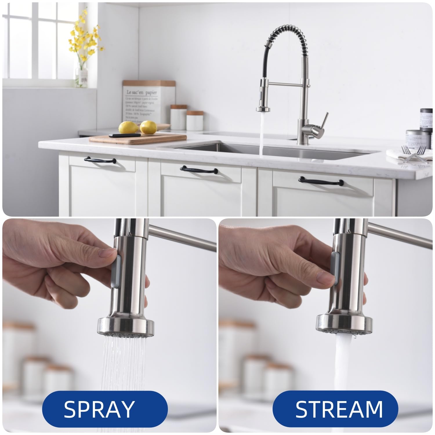 Pull-Down Sprayer tap with Stainless Steel Lever, Spring Pull-Out, fits 1 or 3-Hole, Ideal for Campers motorhomes - Image 3