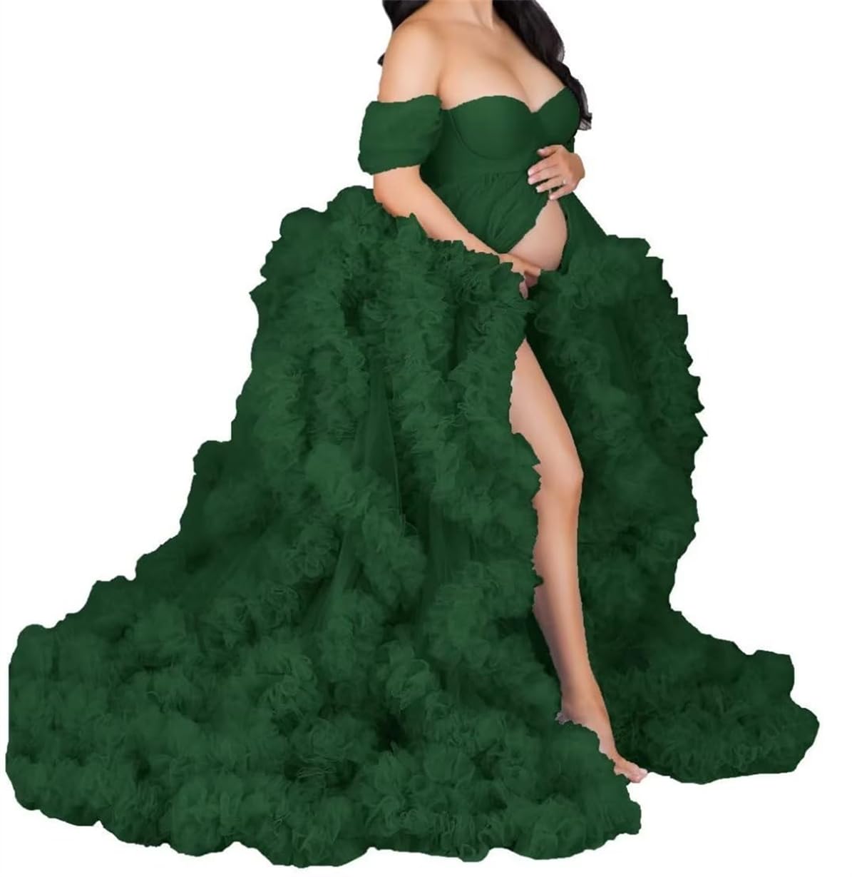 AHERKLL Women's Long Bridal Robes Tulle Lingerie Maternity Bathrobe Photoshoot Illusion Wedding Scarf Party Nightgown ZM004 Emerald UK16