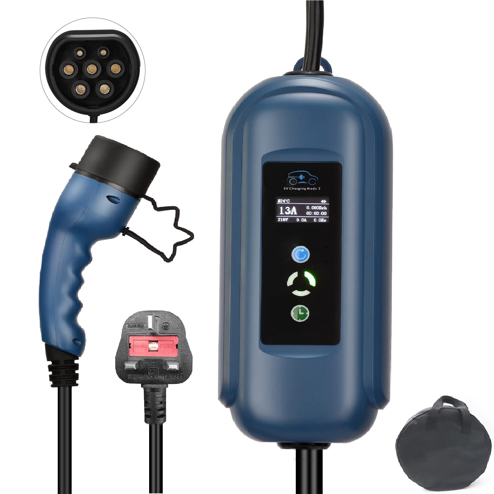Vogvigo Portable EV Car Charger Type 2 to UK 3 Pin,13 Amp,3.6 KW, Digital Screen, Setting Up 6/8/10/13A, 1-10 Hours Delayed Charging, 5 Meter Electric Vehicle Charger Type 2 Cable