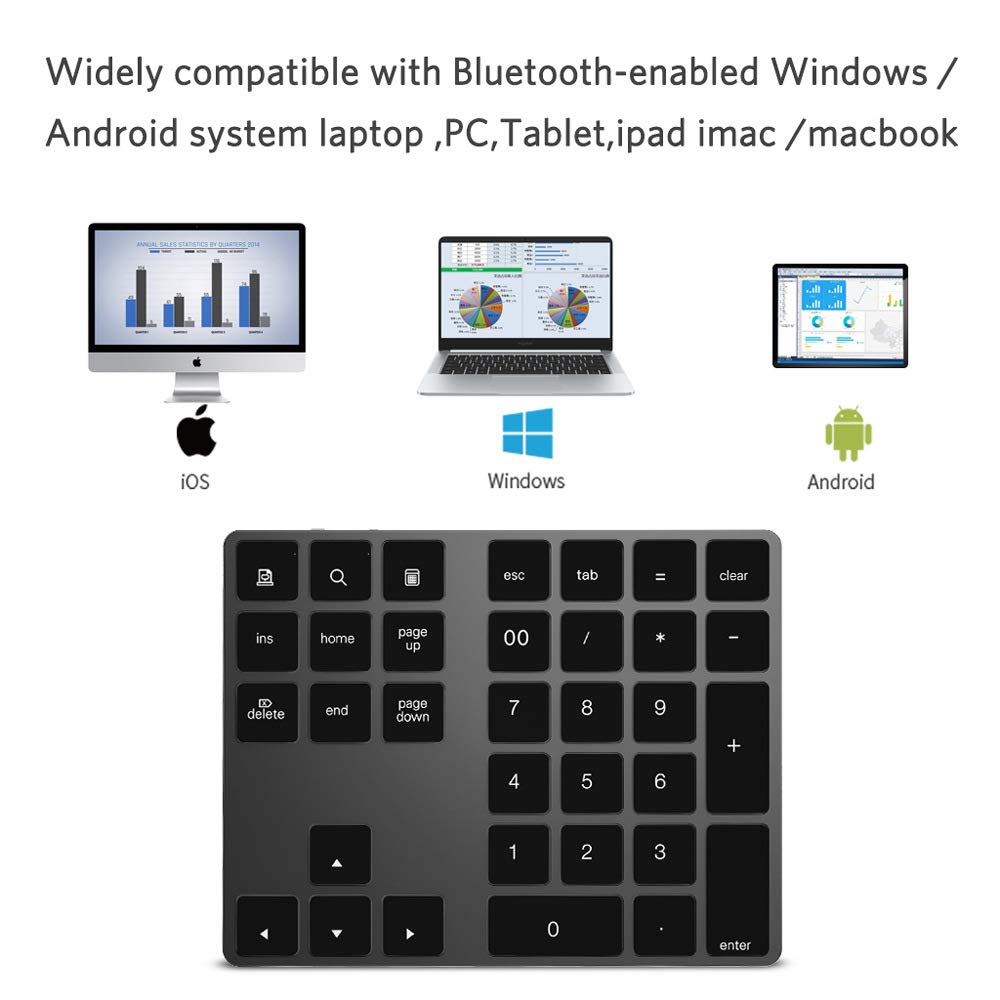 N+B Clavier numérique, BT 3.0 Pavé numérique sans Fil 34 Touches Compatible avec Windows/iOS/Mac/OS/Android Clavier numérique pour PC Tablette Bluetooth Portable USB Claviers (Le Noir)
