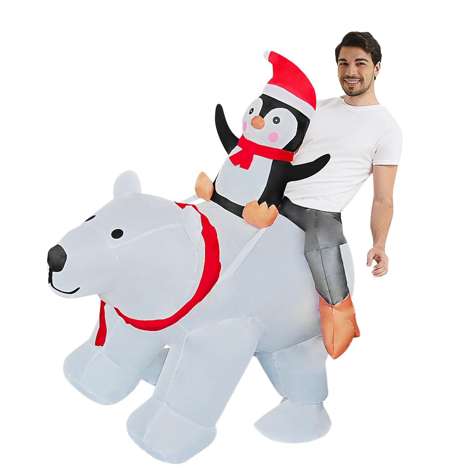 Christmas Inflatable Penguin Riding Polar Bear Costume Christmas Blow Up Costume for Adult/Christmas Party/Christmas Parade, Brown