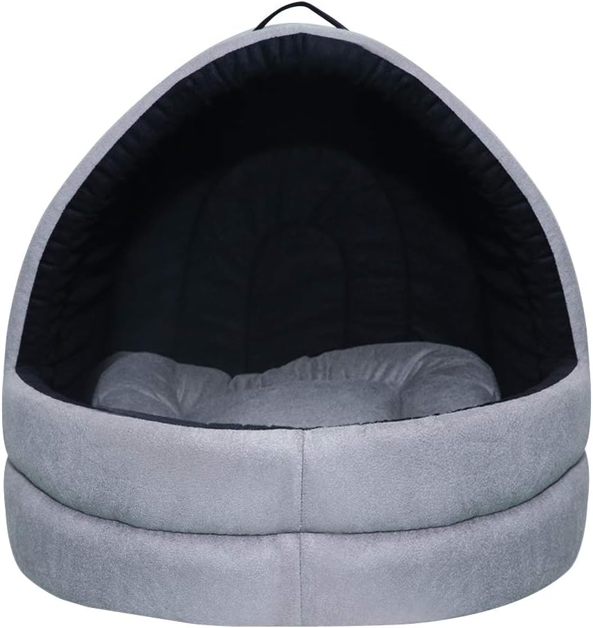 Mellifluous Velvet Small Size Dog and Cat Cave Pet Bed | 3 Months Warranty | for Cats and Kittens | Length 48 cm Width 48 cm Height 40 cm (Small, Grey-Black)