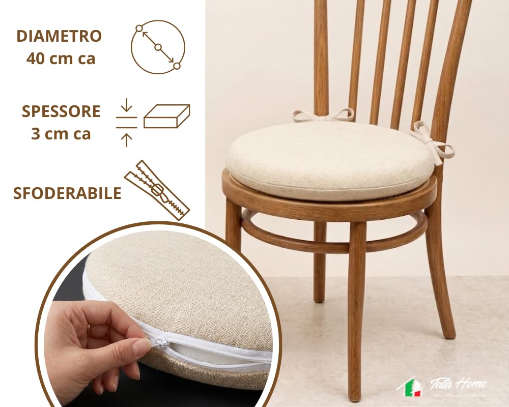 Tata Home Set 4 Cuscini Sedia Rotondi con Laccetti Diametro 40 cm Spessore 3 cm Mod. Billy Colore Panna