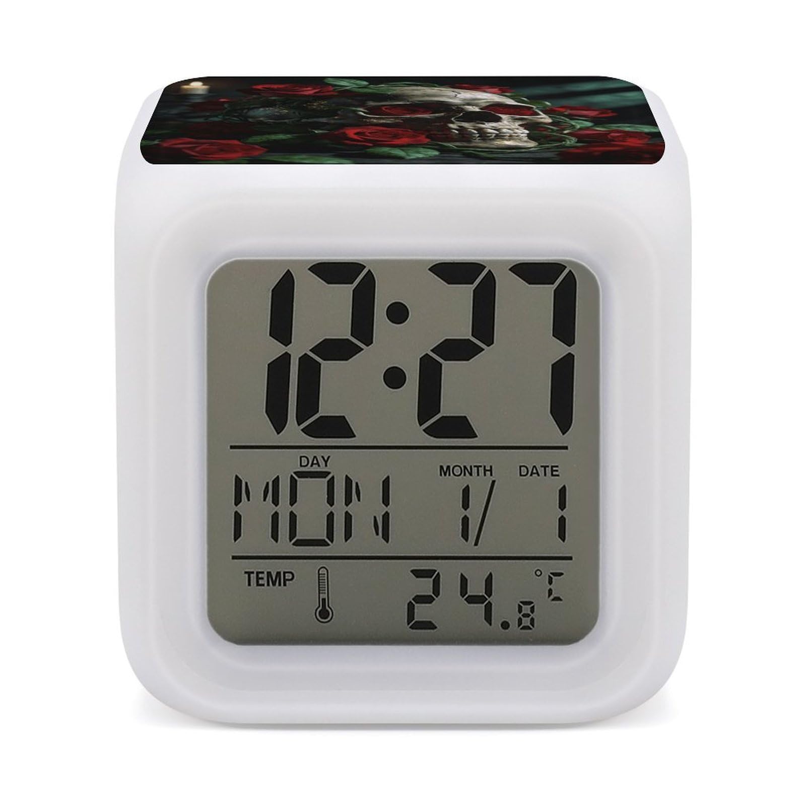 LZQPOEAS Skulls and Roses Alarm Clock with 7 Color Changing Nightlight for Bedroom Calendar Temperature Display Wake Up Digital Clock Small Desk Clocks for Heavy Sleepers Adults