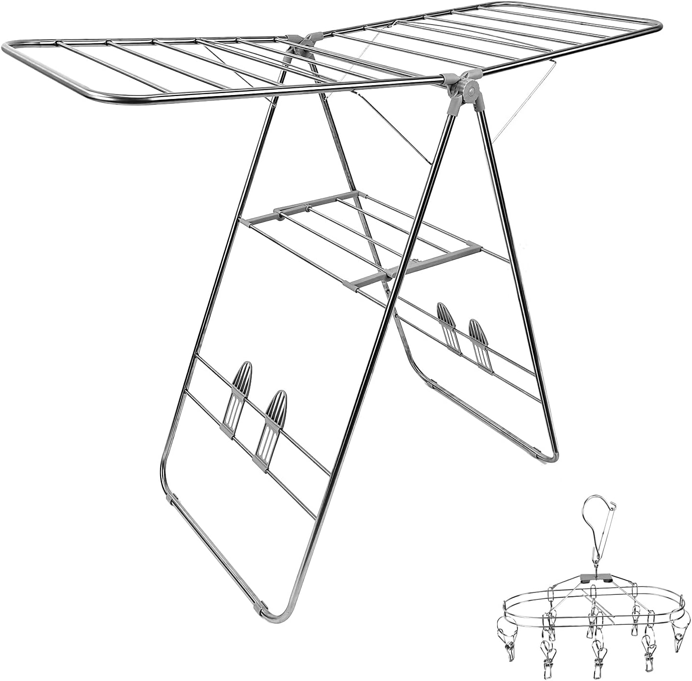 Clothes Drying Rack, Foldable 2-Level Laundry Racks for Drying Clothes Rack,Stainless Steel Drying Rack Clothing Collapsible for Indoor Outdoor,with Height-Adjustable Wings,Gray