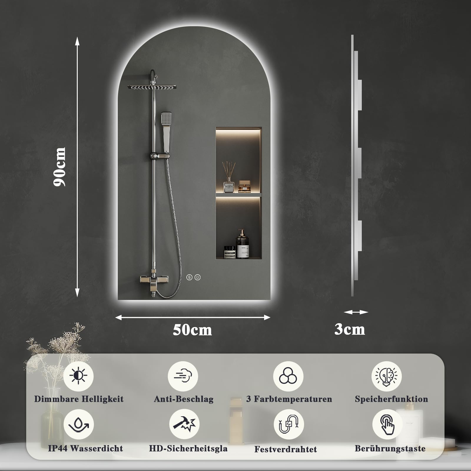 Specchio da bagno con illuminazione, 50 x 90 cm, specchio da bagno a LED curvo, con interruttore touch, dimmerabile, 3 colori di luce, per bagno