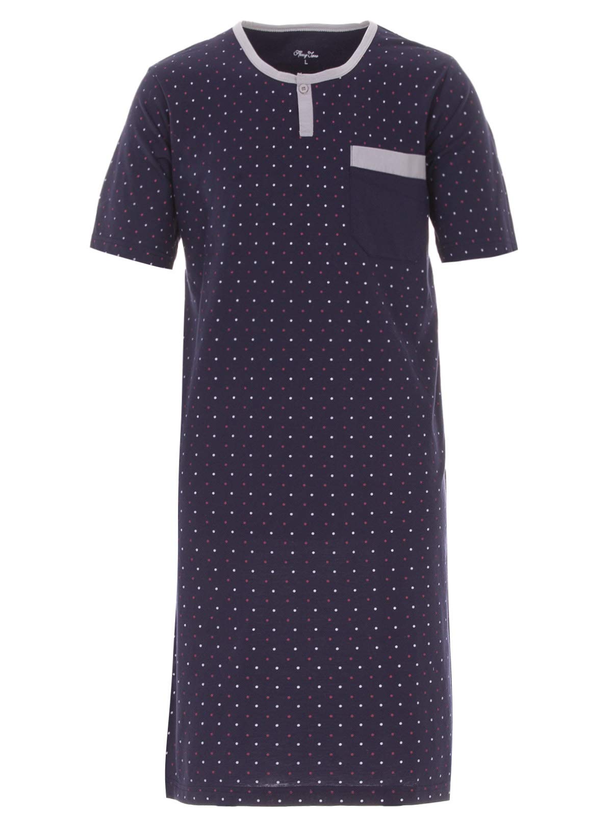 Henry Terre Men's Short-Sleeved Nightdress with Polka Dots, Chest Pocket, Loungewear, Crew Neck, Button, Sizes