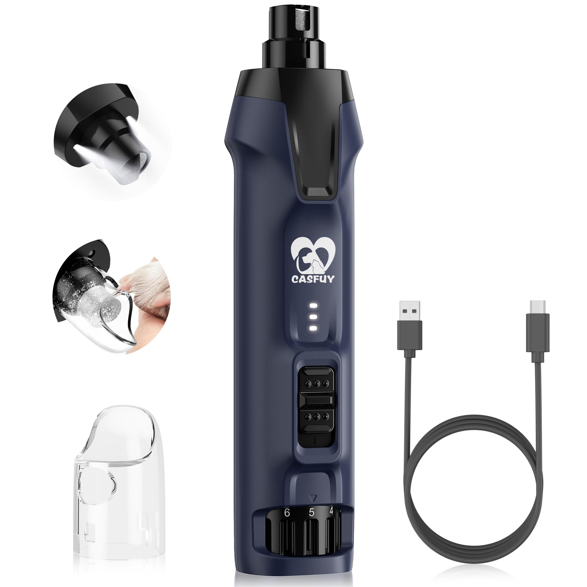 Casfuy 6-Speed Dog Nail Grinder – 50%+ Boost Power Dog Nail Trimmers Quiet with Dust Cap & 2 LED Lights & 2000mAh Battery & 4.8V Motor Electric Pet Toenail File Tool for Large Medium Small Dogs Cats