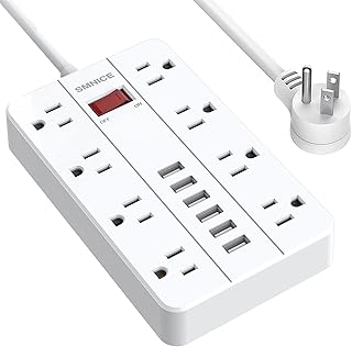 Power Strip with USB, Surge Protector Flat Plug with 8 Widely Spaced Outlets and 6 USB Ports, 5ft Extension Cord Wall Mountable for Smartphone Tablet Laptop Computer Multiple Devices