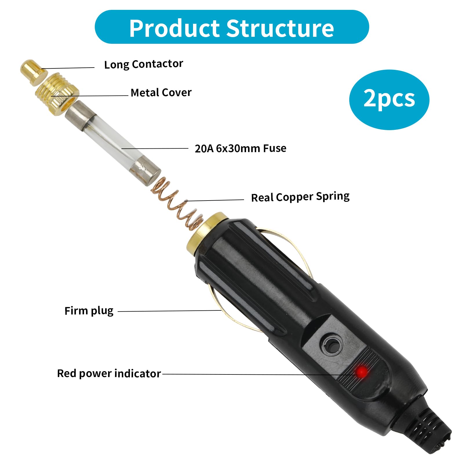 Lot De 2 Prises Allume-cigare Mâles 20A - 12V/24V Avec LED Rouge