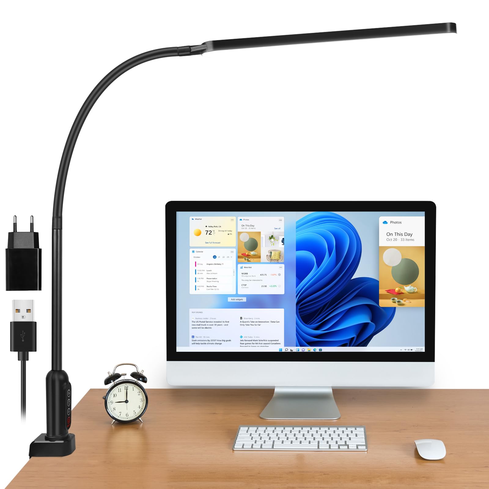 BIENSER Lámpara de Escritorio LED Regulable, Lámpara de Mesa con Abrazadera, Cuello de Cisne Flexible, Lámpara de Oficina, Lámpara de Trabajo, 11 Niveles de Brillo x 5 Colores, Protección Ocular