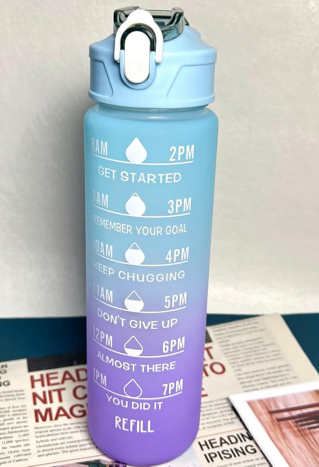 Motivational Drinking Water Bottle with Time Marker & Stickers – 900ml Gradient Blue & Purple Leakproof BPA-Free Water Tracker Bottle with Straw & Flip Lid – Reusable Sports Bottle