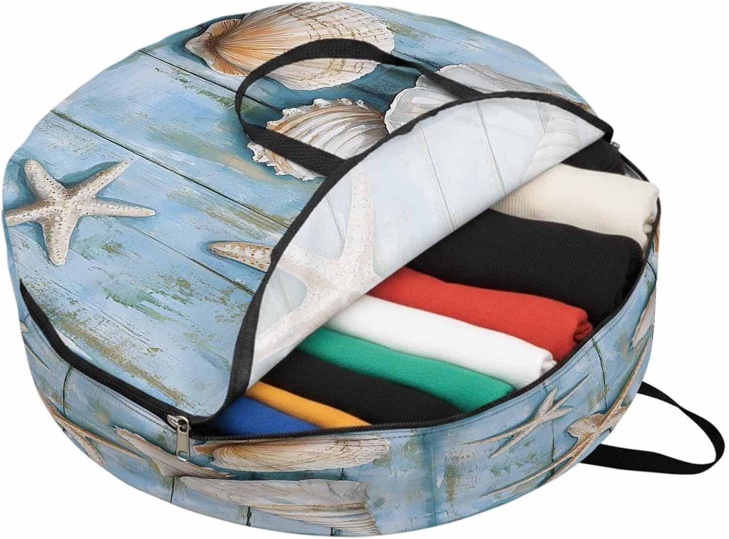 Starfish Starfish Shell Round Storage Bag 36 Inch, Marine Life Wood Grain Retro Clothes Storage Container with Handles Heavy Duty Organizer for Comforter, Bedding & Holiday Wreaths