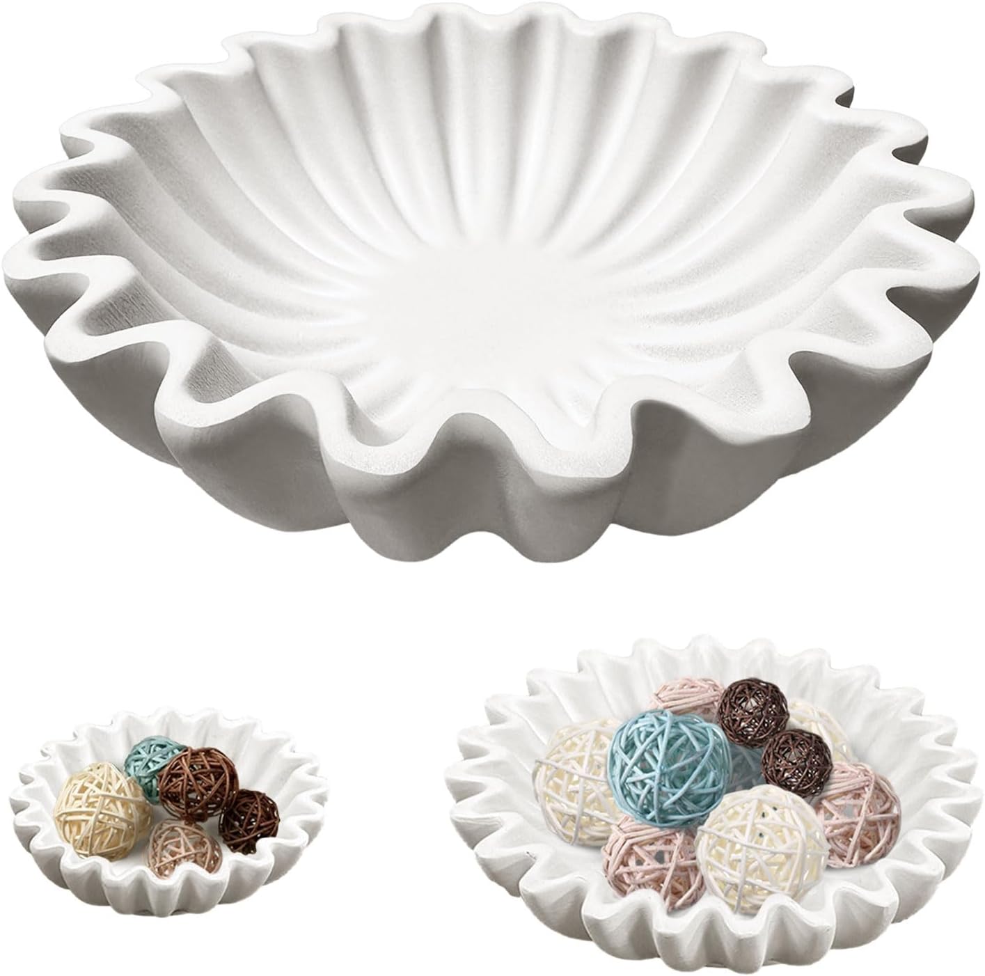 Decorative Bowl, White Resin Fluted Ruffle Bowl, Scallop