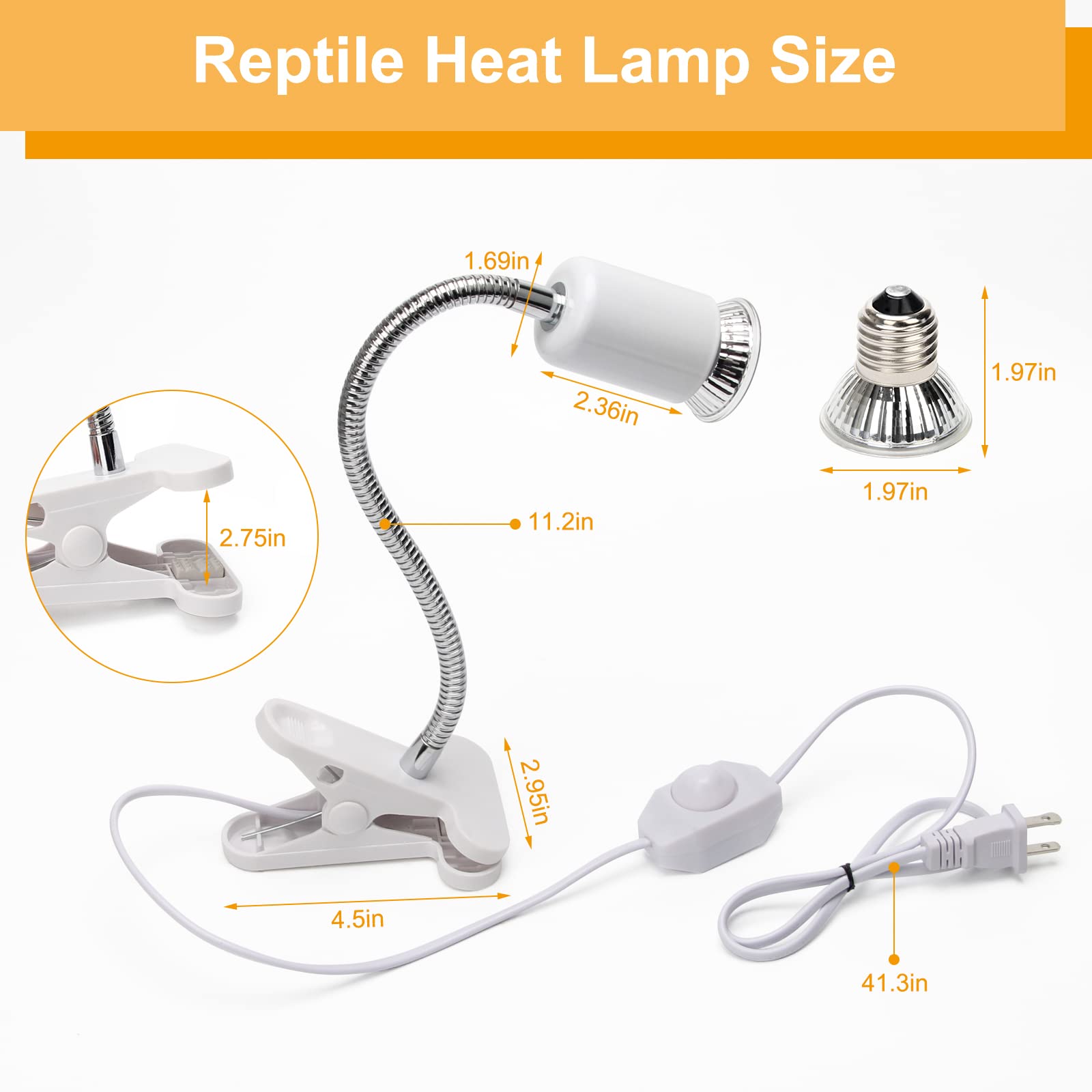 Catcan 50W Reptile Heat Lamps, UVA UVB Reptile Light with 2 Heat Bulbs, 360°Rotatable Clips Adjustable Switch Heat Lamp for Turtle Lizard Snake Aquarium Amphibian