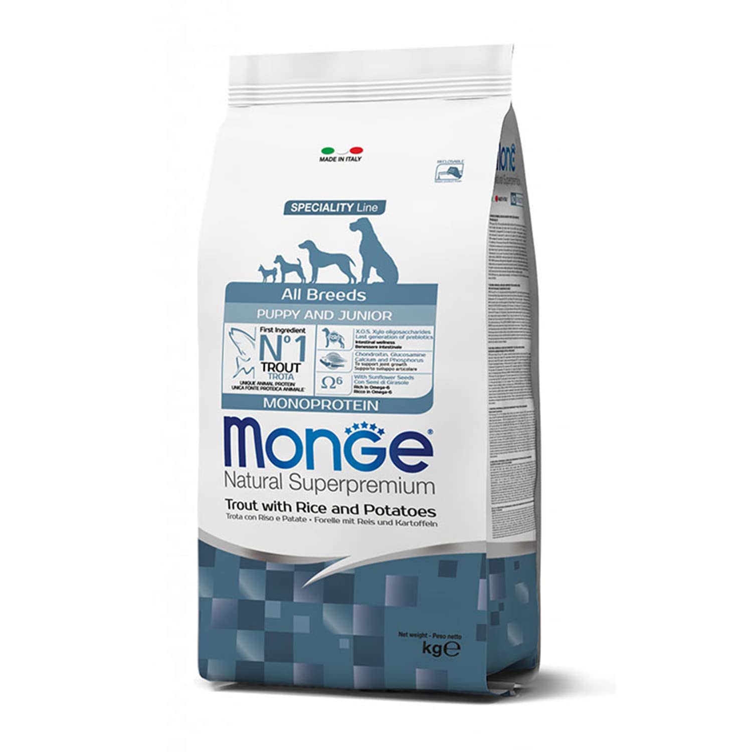 Monge Natural Superpremium Puppy and Junior Trout, Rice and Potatoes, karma dla psów wszystkich ras (sucha karma dla psów z pstrągiem, ryżem i ziemniakami, bardzo bogata w błonnik i witaminy, 12 kg)