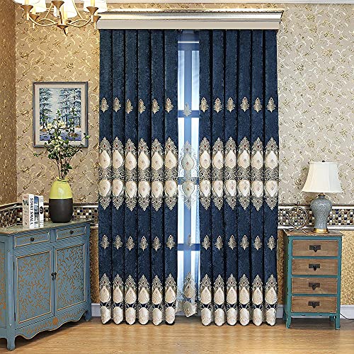 pureaqu Luxury Chenille Insulated Blue Curtains 84 Inches Long for Bedroom Embroidered Room Darkening Grommet Curtain Drapes for Living Room Sliding Patio Door 2 Panels W37 x H84 Inch