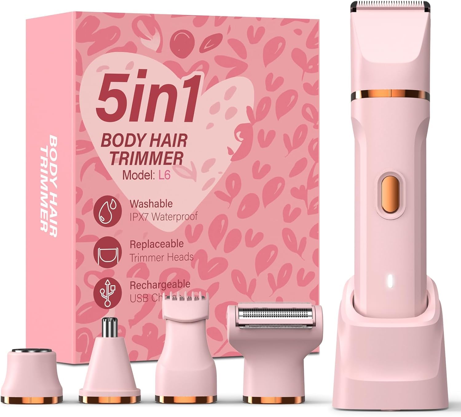 5-in-1 Bikini Trimmer for Women, IPX7 Waterproof Electric Razors Shaver, Cordless Body Hair Trimmer, Facial &amp; Pubic Hair Removal, Ceramic Blade (Pink)
