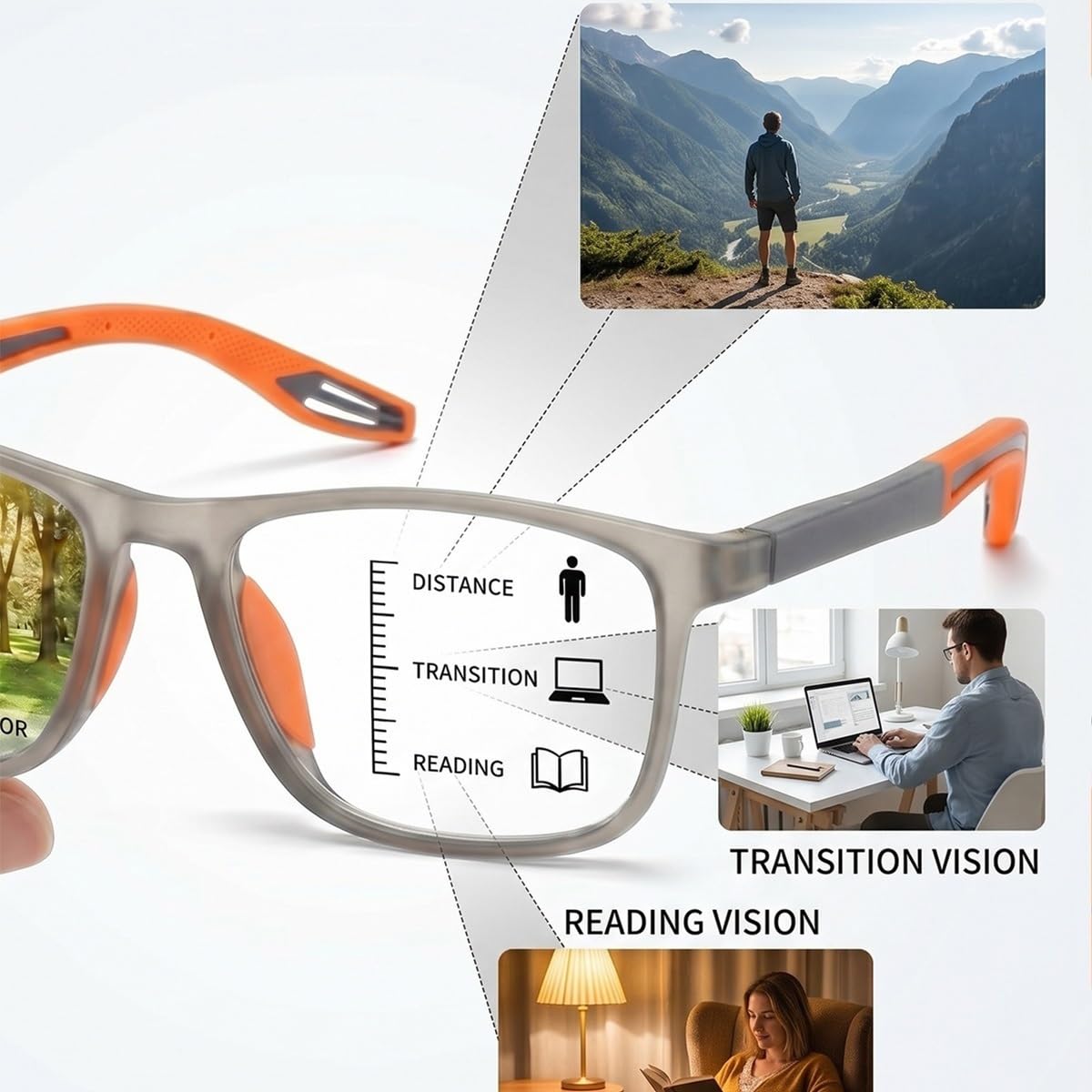 Generisch 3Pac Gleitsichtbrille Rechteck Progressive Multifokus Lesebrille Herren, Selbsttönende Gleitsicht Lesebrille Anti-Blaulicht Federscharniere, Photochrome Lesesonnenbrille TR90
