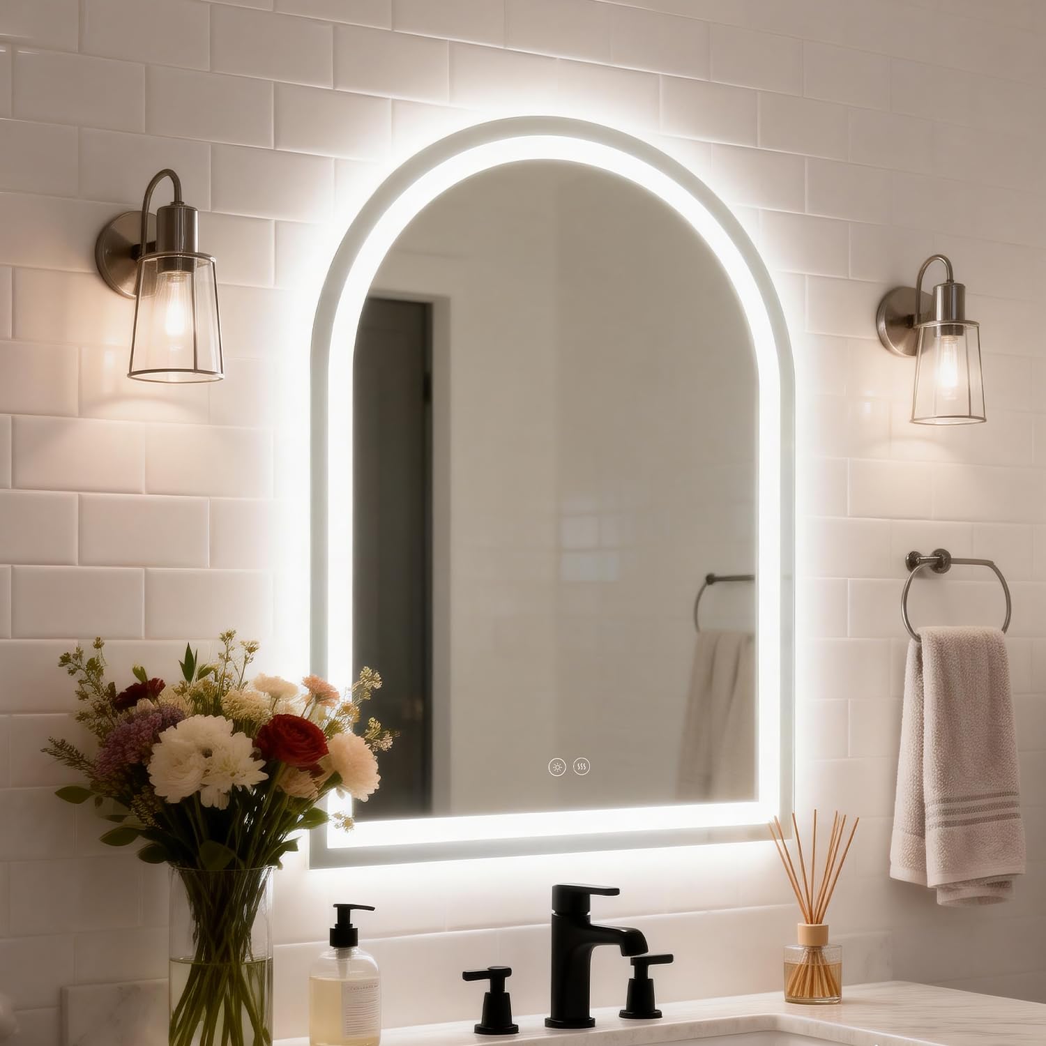 VASUHOME 24"x32" Arched LED Bathroom Mirror with Lights, Backlit + Front-lit Double Lighted Vanity Mirror for Wall, Anti-Fog, 3 Color Dimmable, Shatterproof, Memory Function, UL Listed