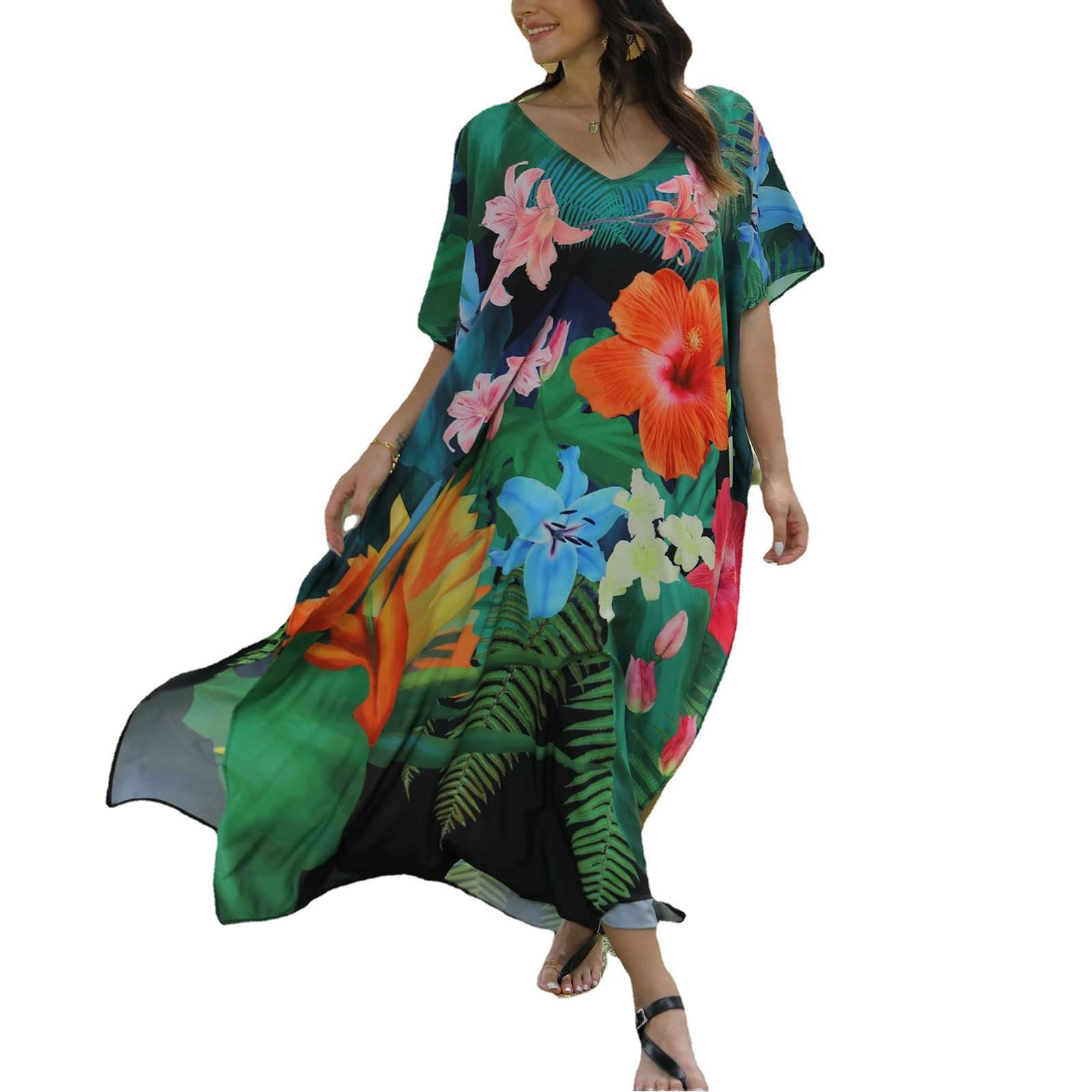 Cache-maillot de bain ample imprimé floral col en V léger