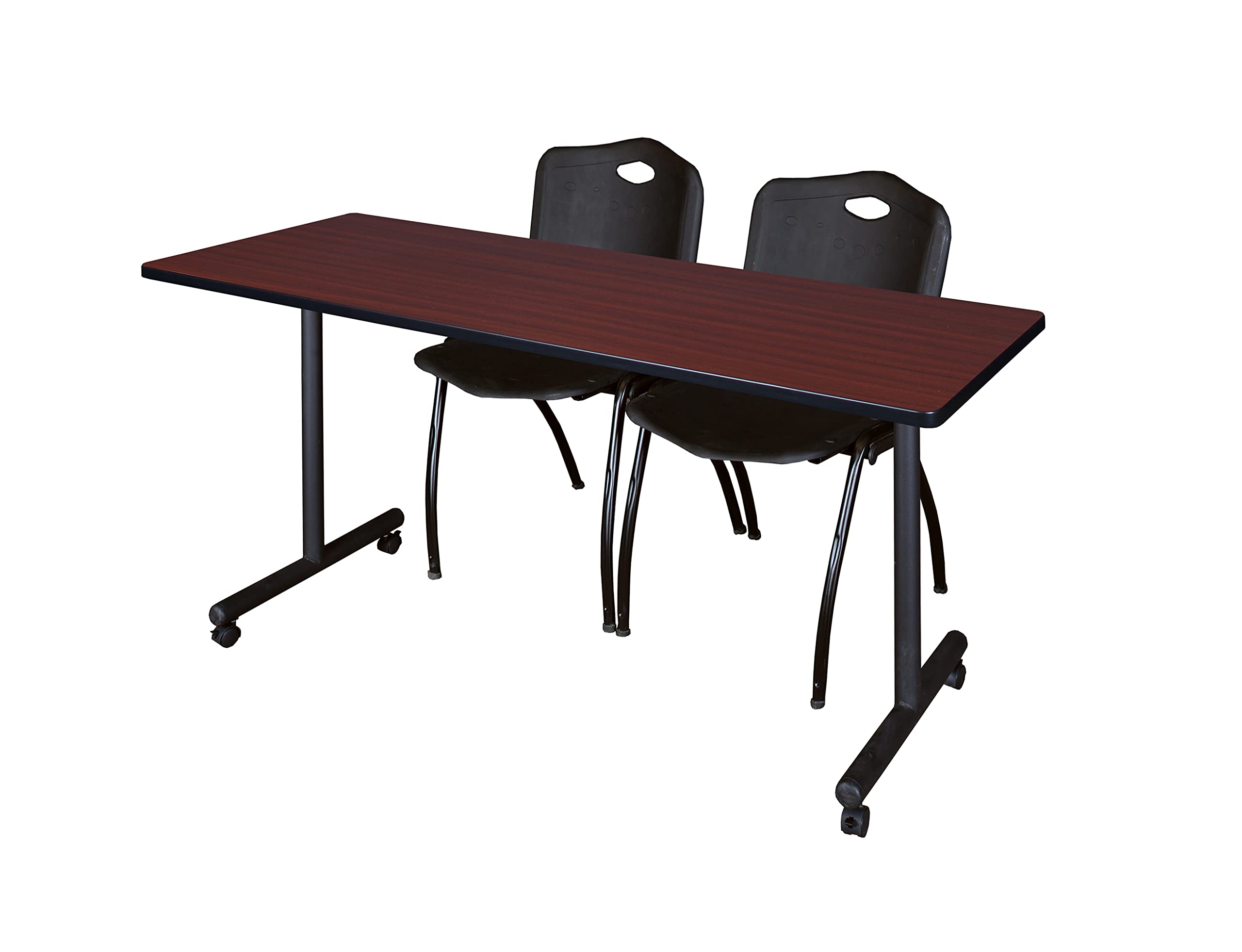 Romig Axis-Pro 60 x 24 in. Mobile T-Base Training Table- Mahogany, 2 M Stack Chairs- Black