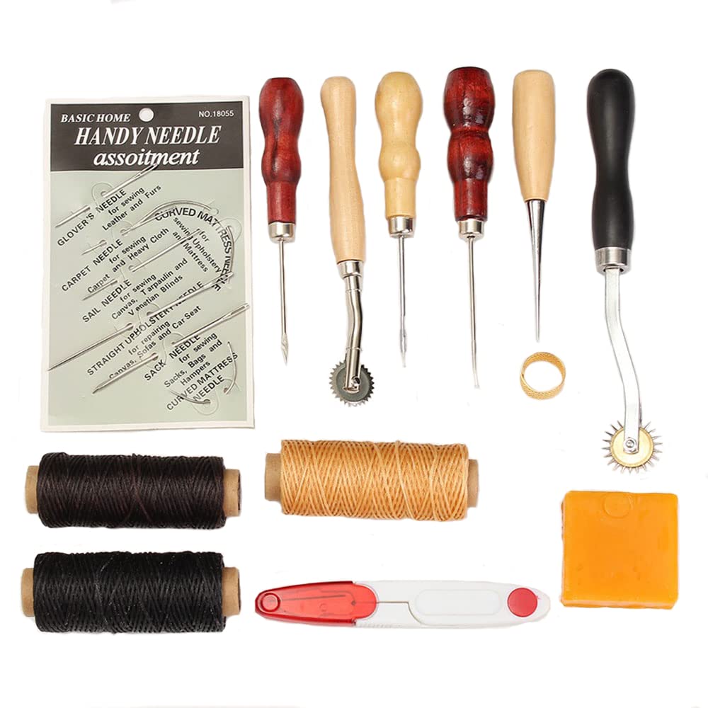 Kit Da Cucito Per Pelle 47 Pezzi Qzma, Completo Per Principianti, Con Aghi, Filo Cerato 15 Colori, Punteruoli E Accessori Per Riparazioni Fai-da-te
