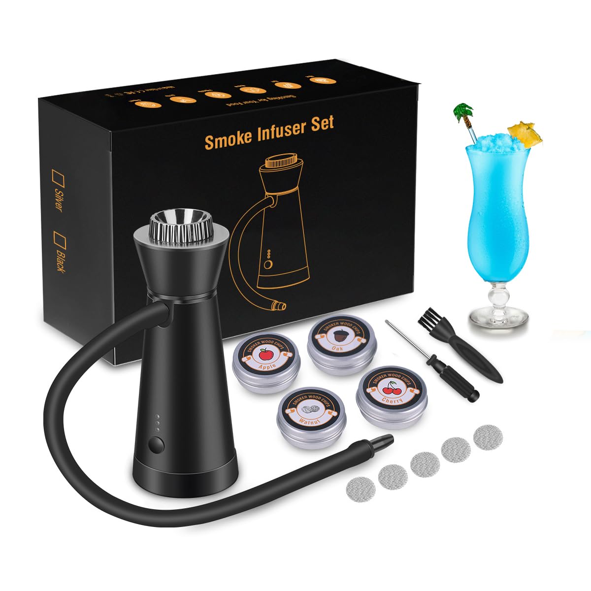 Whiskey Smoker Kit,Cocktail Smoker Gun with 4 Flavors Wood Chips,for Meat