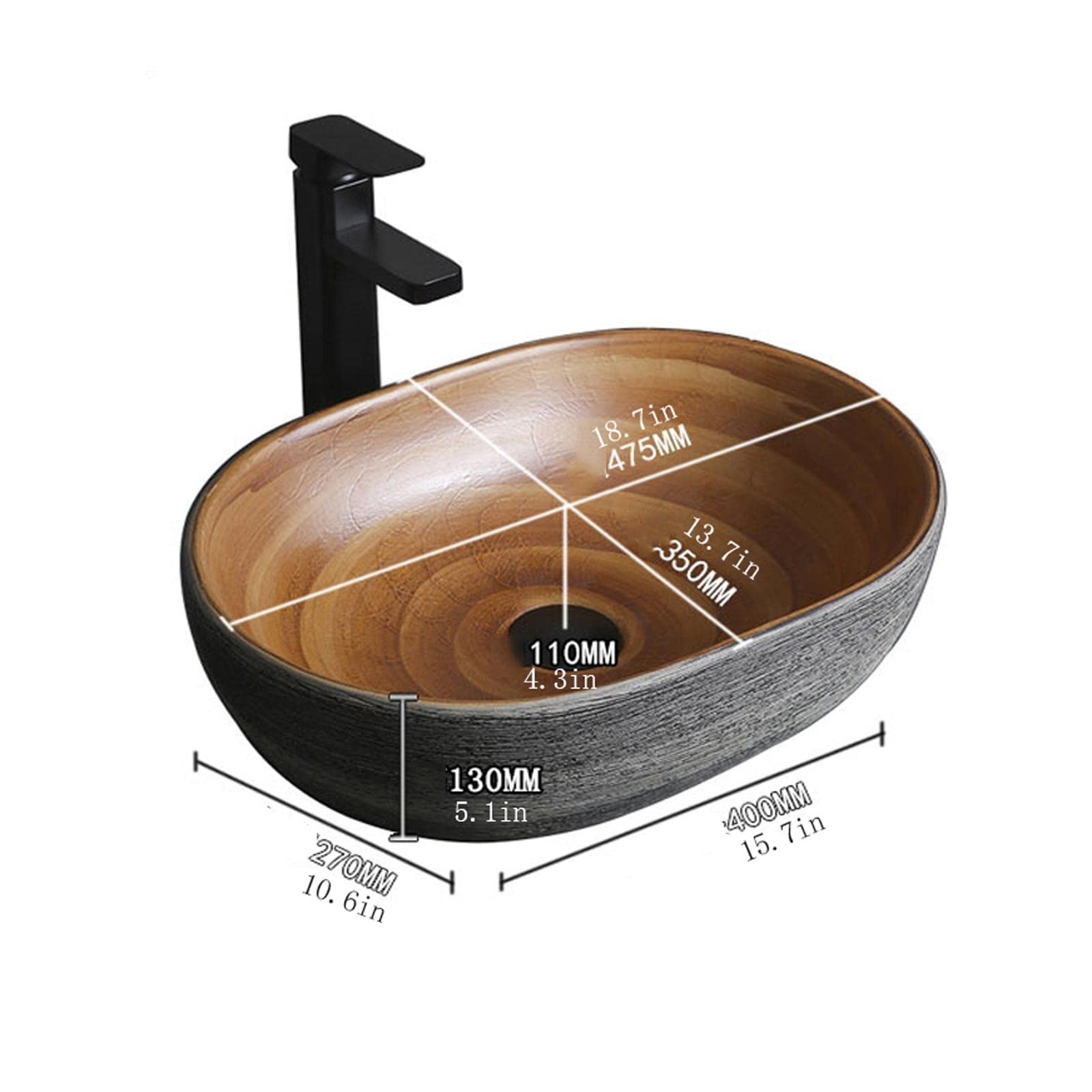 Waschbecken aus Keramik, oval, handgefertigt, Aufsatzwaschbecken, 39,9 x 26,9 x 13 cm, A,A