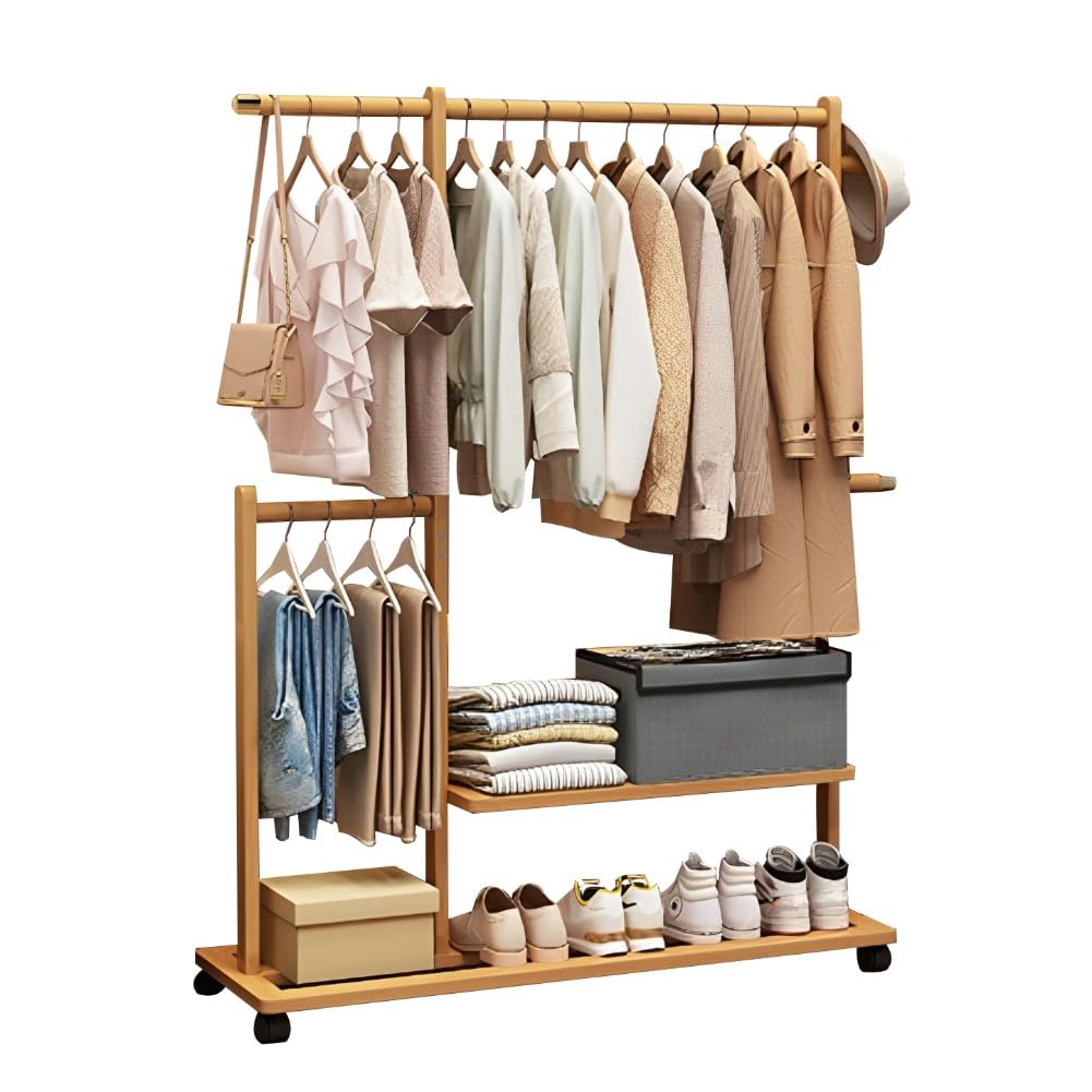 FGXHHS Double Hanging Clothes Rack on Wheels with Shoe & Shelves Heavy Duty for Hallway Bedroom Office Max Load 100kg