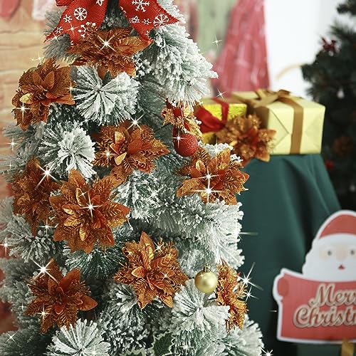 GREENTIME 12 Pcs Glitter Poinsettia 5.5" Artificial Flowers Christmas with Clips Stems Xmas Tree Ornaments for Wedding Party Wreath Decoration (Brown) - Thumbnail 4