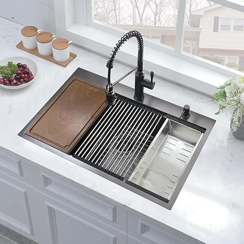 Miniatura 3 de Fregadero de cocina negro, 33 x 19 pulgadas, fregadero de cocina de acero inoxidable negro, cuenco individual profundo de calibre 16 para estación