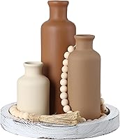 Vista 14 de Juego de 5 piezas de centros de mesa rústicos de mesa, juego de 3 jarrones de cerámica boho con bandeja de madera para servir cuentas de madera