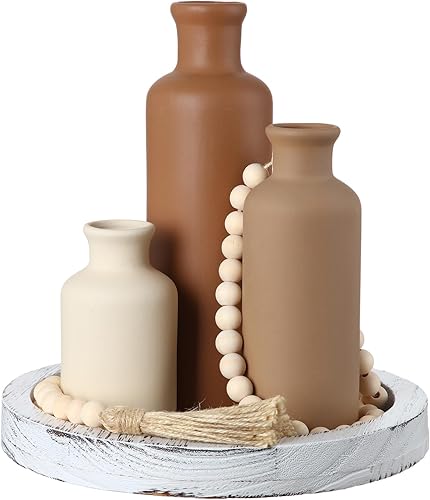 Miniatura 14 de Juego de 5 piezas de centros de mesa rústicos de mesa, juego de 3 jarrones de cerámica boho con bandeja de madera para servir cuentas de madera,