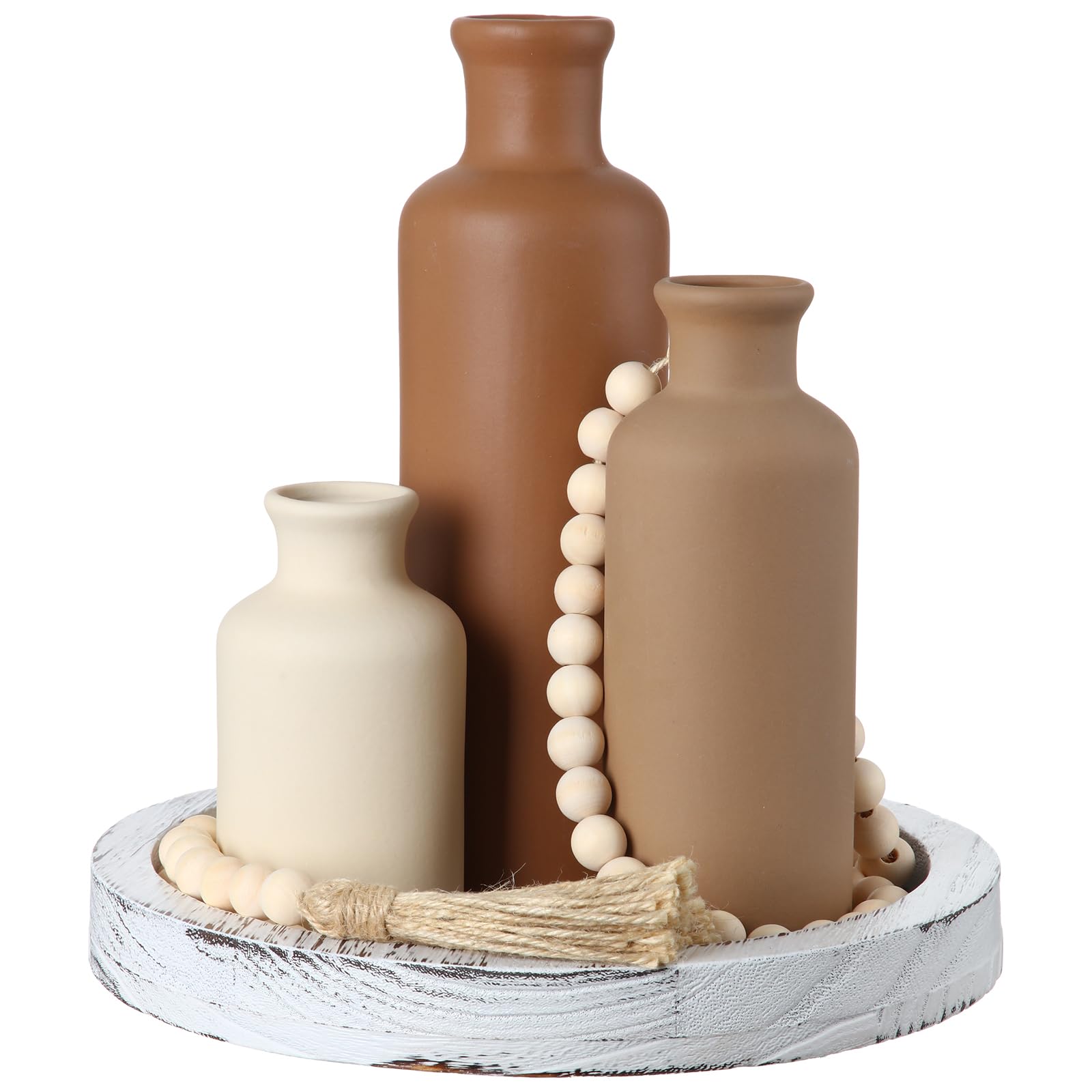 Vases céramique rustique avec plateau bois et guirlande perles pour déco de table salon