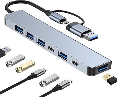 Concentrador USB C para laptop, concentrador USB 3.0, concentrador USB-C 7 en 1, dos tipos de enchufes de puerto de CC divisor USB para PC, extensor