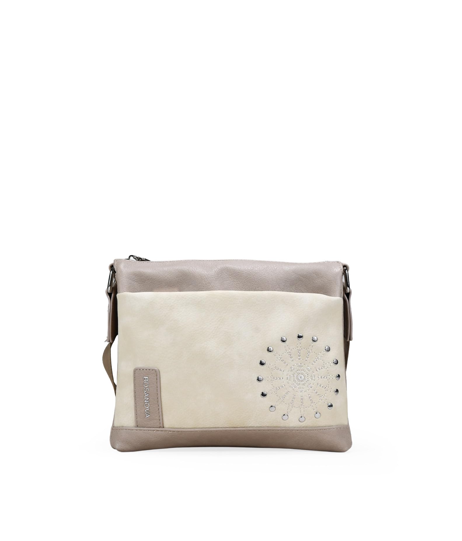 BOSANOVA Bolso Bandolera pequeño para Mujer con Bordado Decorativo con tachas y asa de Cruzar Regulable. Tres Compartimentos y Cierre con Cremallera. Beige U
