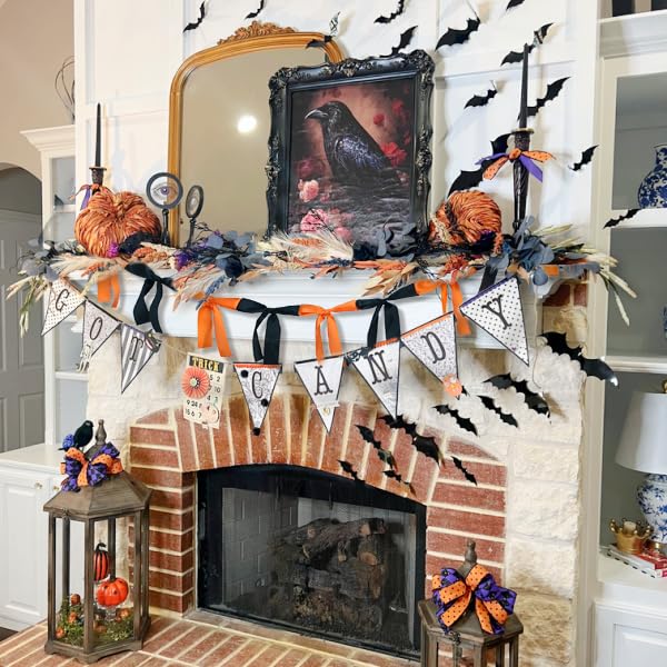 Image of Halloween Stain Bow Garland | 6ft Linking Knot Bow Banner with 3ft Extend Ribbon for Halloween Party Vibes Wreath & Spooky Boo Decor (Orange & Black, 6ft)